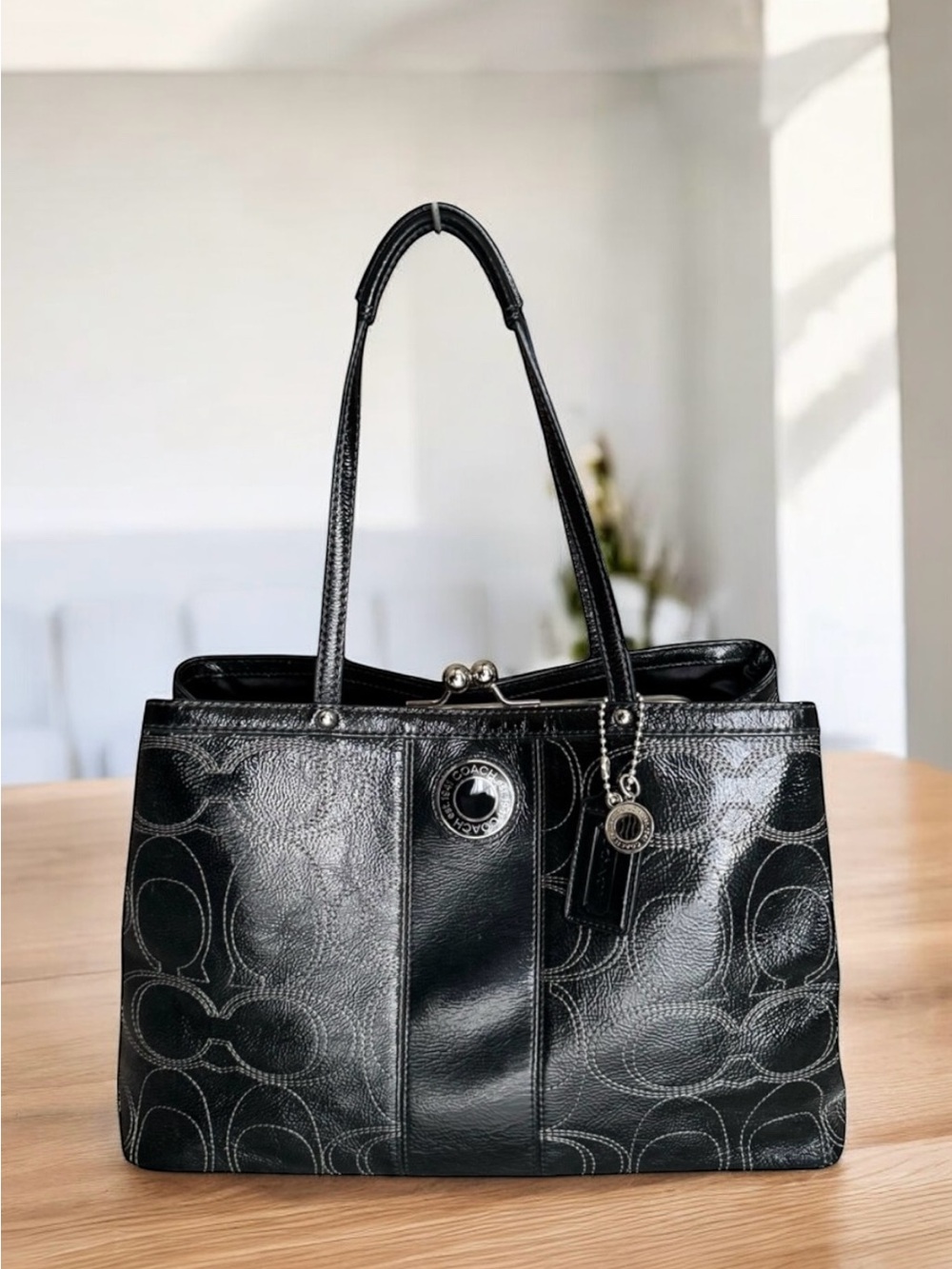 Coach Patent Signature Satchel Framed Carryall Shoulder Bag Kiss Lock